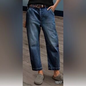 Relaxed Cropped Denim Trousers in Dark Blue